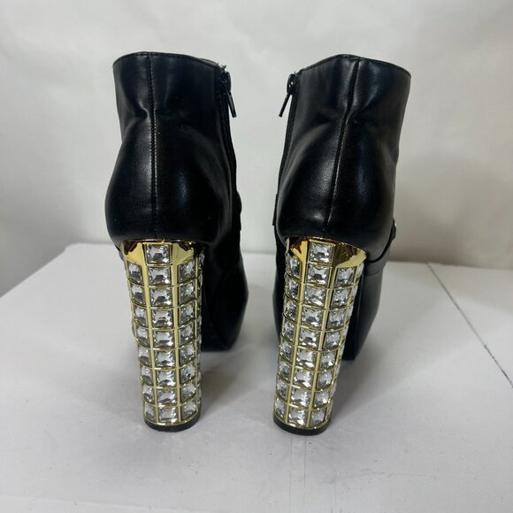 Crystal Platform Boots Block Heel Gold Vegan Leather Platform Stiletto Size 8 - Picture 3 of 7